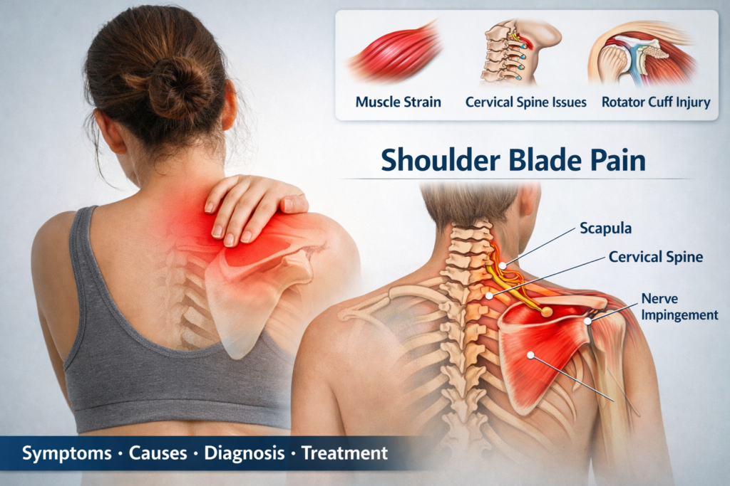 Medical illustration showing shoulder blade pain with scapula anatomy, cervical spine issues, nerve impingement, and rotator cuff injury.