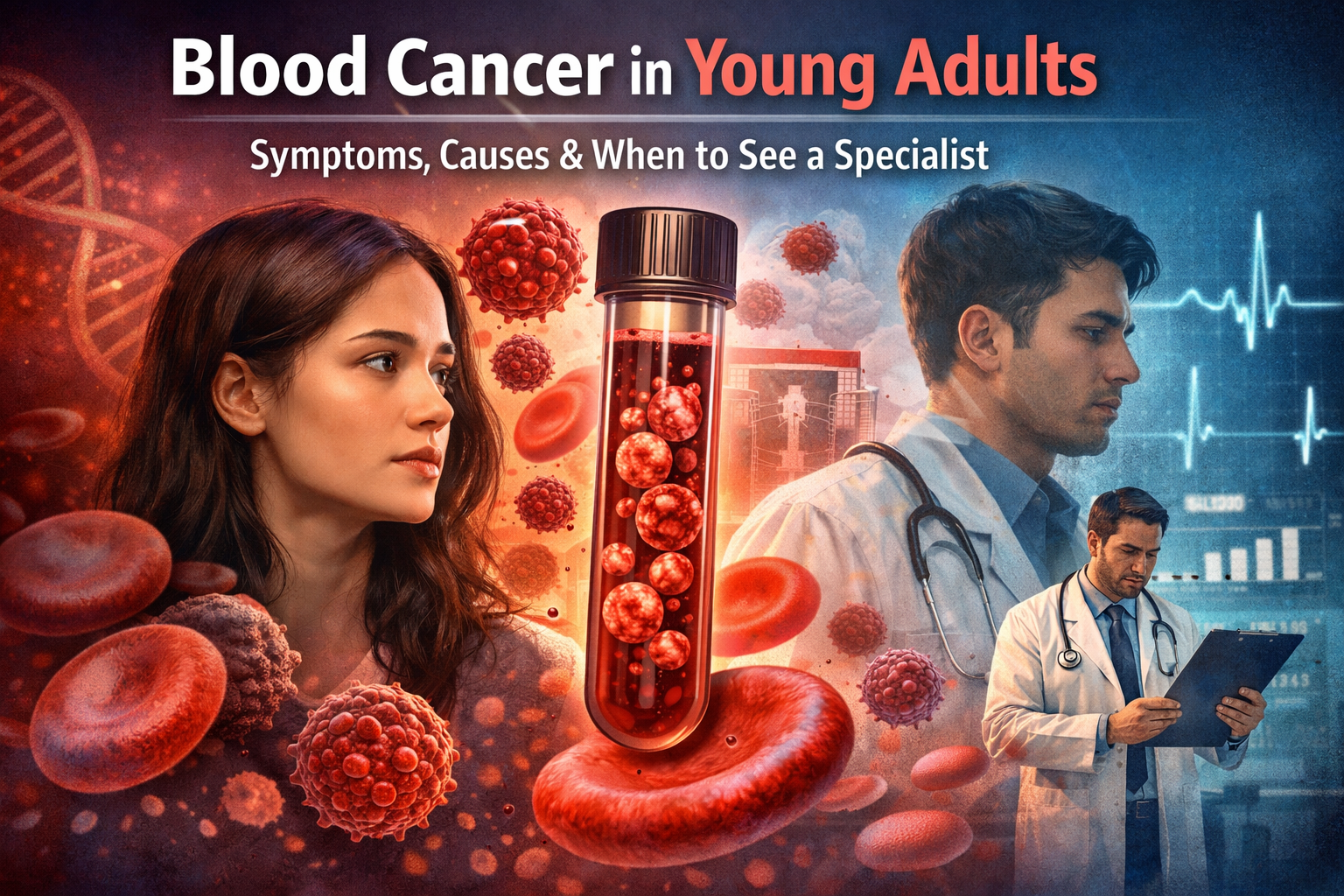 Blood cancer in young adults concept image showing red blood cells, cancer cells, blood test tube, and doctors examining medical reports.