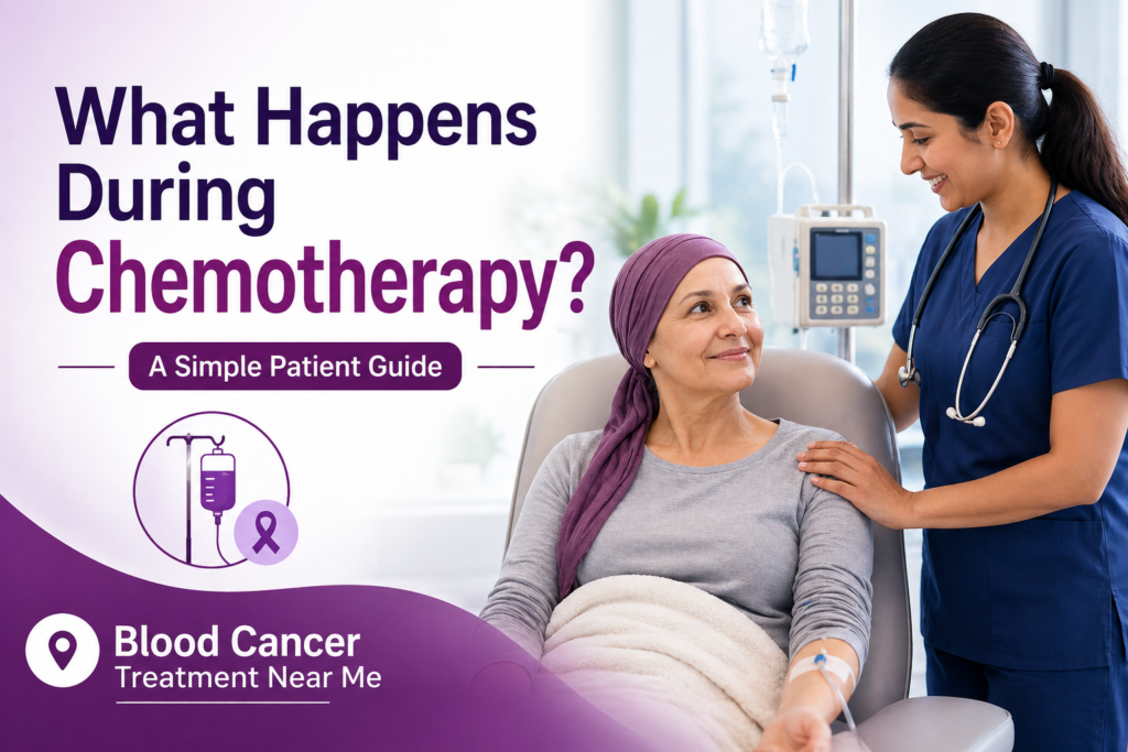 What happens during chemotherapy – patient undergoing chemotherapy with doctor care for blood cancer treatment near me