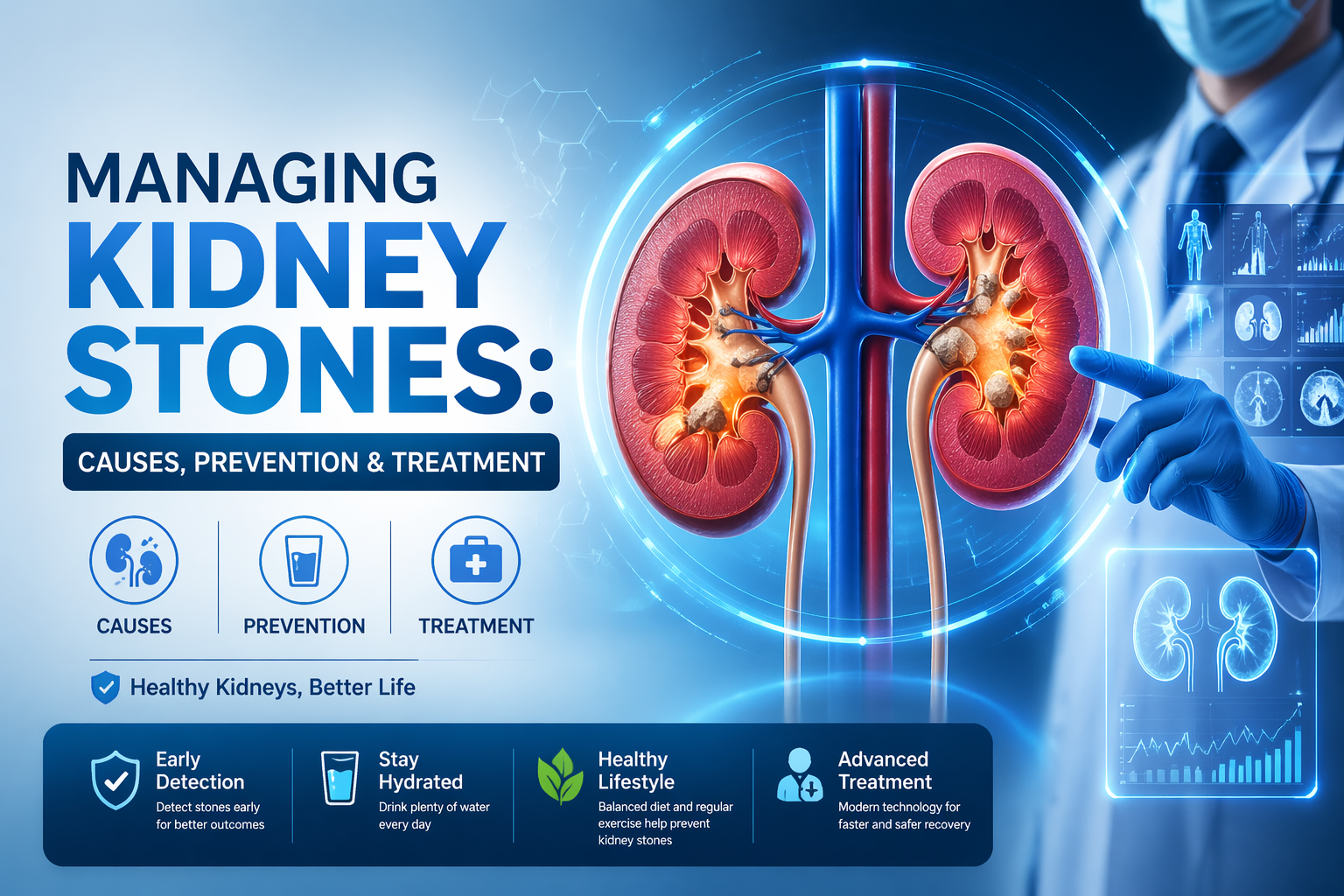 Futuristic medical illustration showing kidney stones in human kidneys with causes, prevention, and treatment concepts