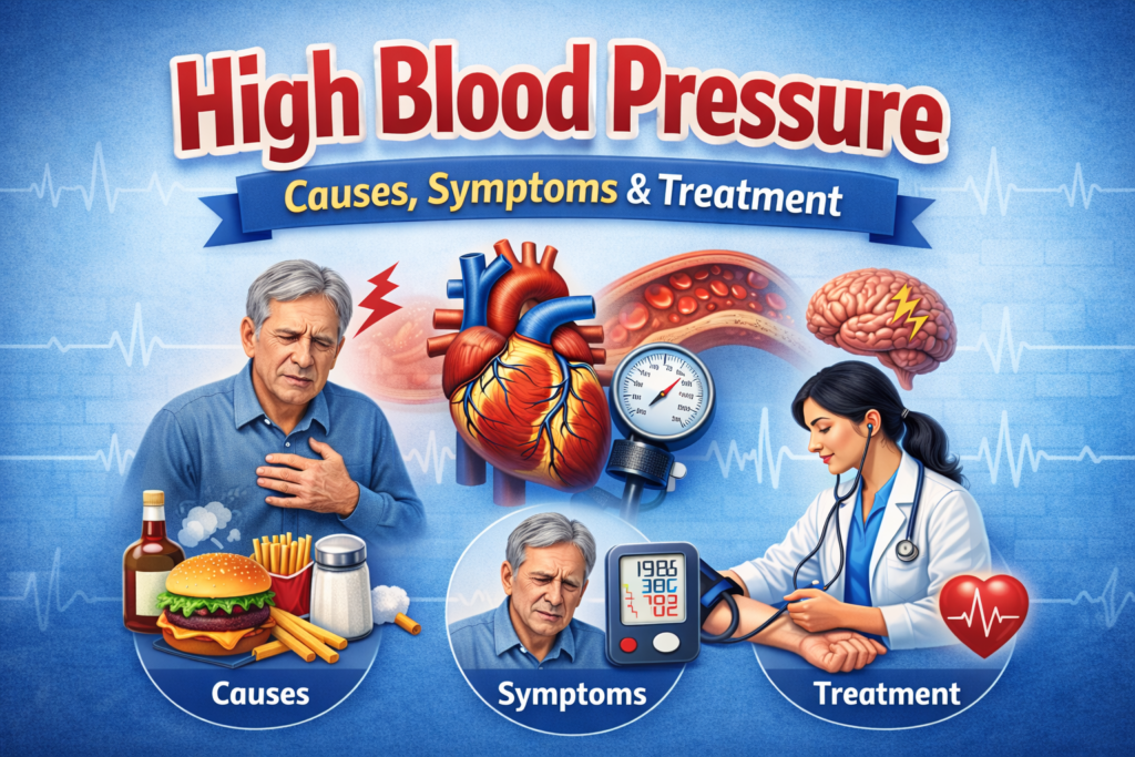 High blood pressure infographic showing causes, symptoms, and treatment with heart, doctor, and patient visuals