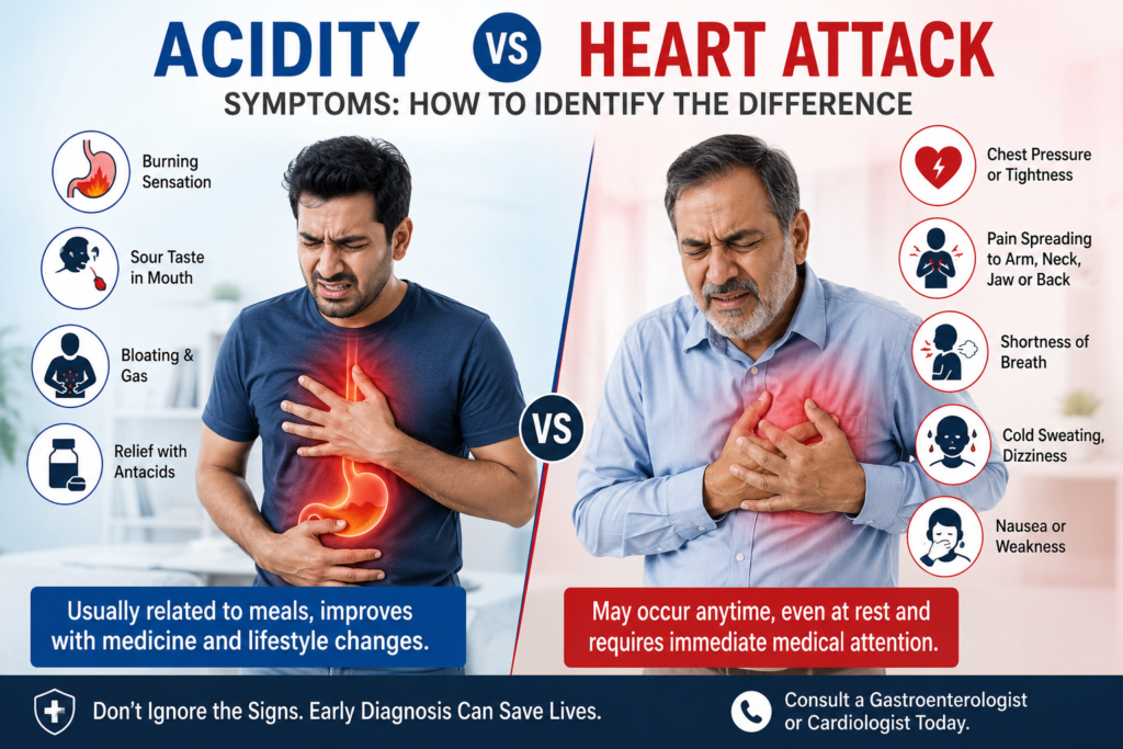 Medical infographic comparing acidity and heart attack symptoms, highlighting chest pain, burning sensation, shortness of breath, sweating, and warning signs.