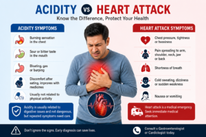 Medical infographic comparing acidity and heart attack symptoms with chest pain warning signs, digestive symptoms, breathing difficulty, and emergency heart care visuals.