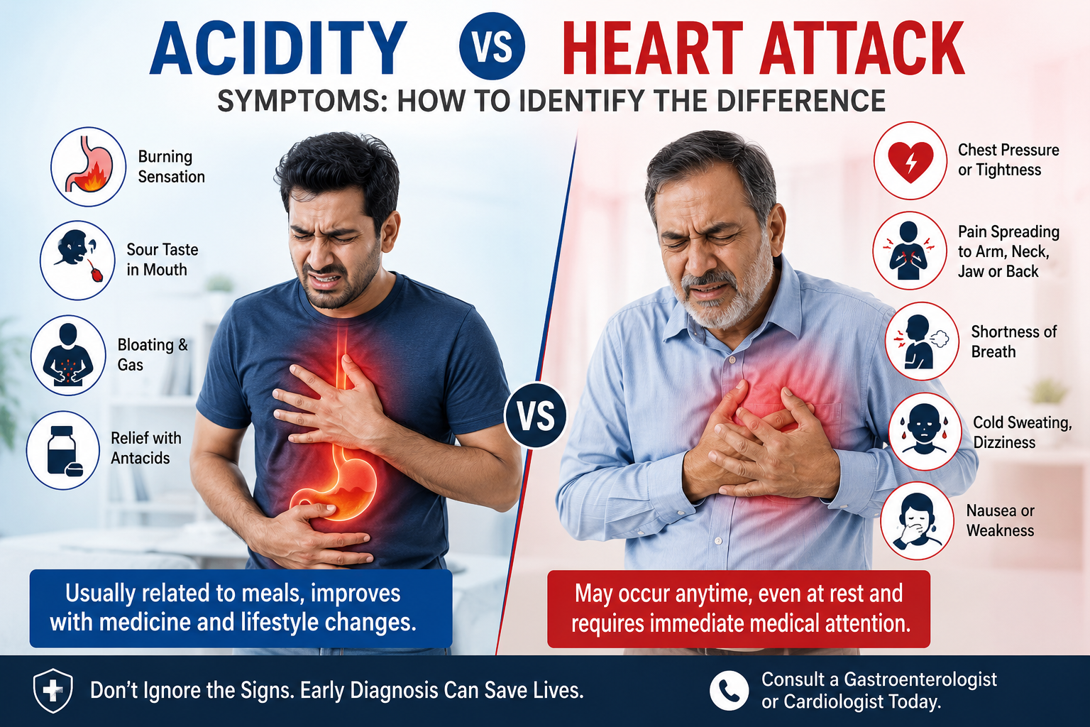 Medical infographic comparing acidity and heart attack symptoms, highlighting chest pain, burning sensation, shortness of breath, sweating, and warning signs.