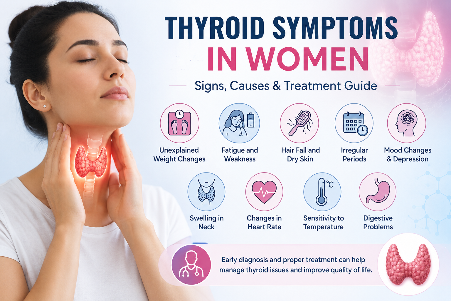 Woman experiencing thyroid discomfort with infographic showing common thyroid symptoms in women including fatigue, weight changes, hair fall, irregular periods, and mood changes.