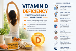 Medical infographic explaining Vitamin D deficiency symptoms with healthy lifestyle visuals, sunlight exposure, and nutrient-rich foods.