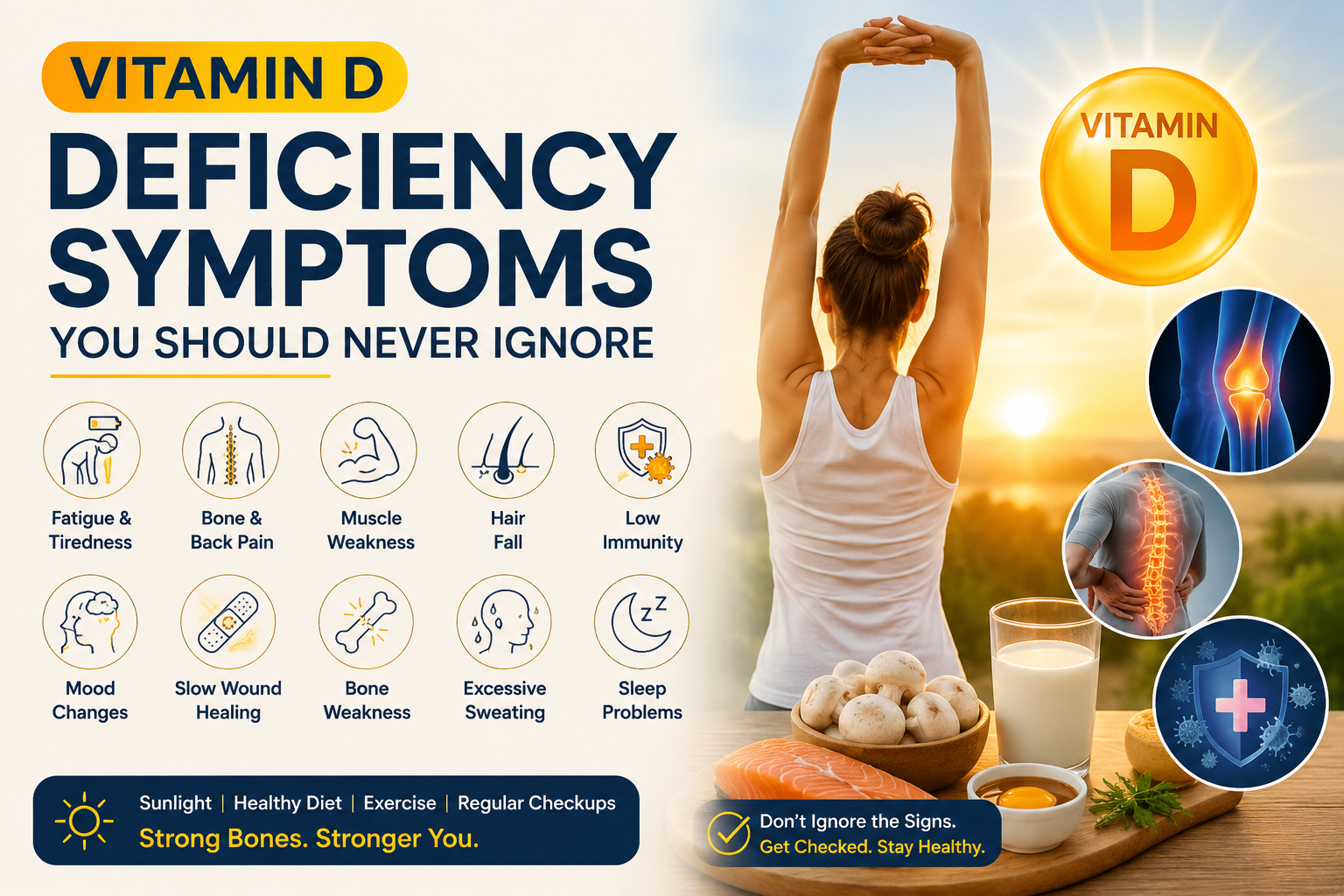 Professional medical infographic showing Vitamin D deficiency symptoms, including fatigue, bone pain, muscle weakness, hair fall, and low immunity with sunlight and healthy lifestyle visuals.