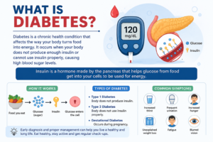 What is Diabetes infographic with symptoms, insulin, glucose, and blood sugar monitor illustration.