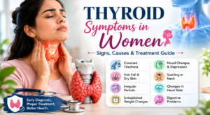 Thyroid symptoms infographic showing woman with neck pain and common thyroid disorder symptoms in women.