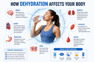 Infographic showing how dehydration affects the body, including its impact on the brain, heart, kidneys, muscles, digestion, skin, and blood, with dehydration symptoms and prevention tips.