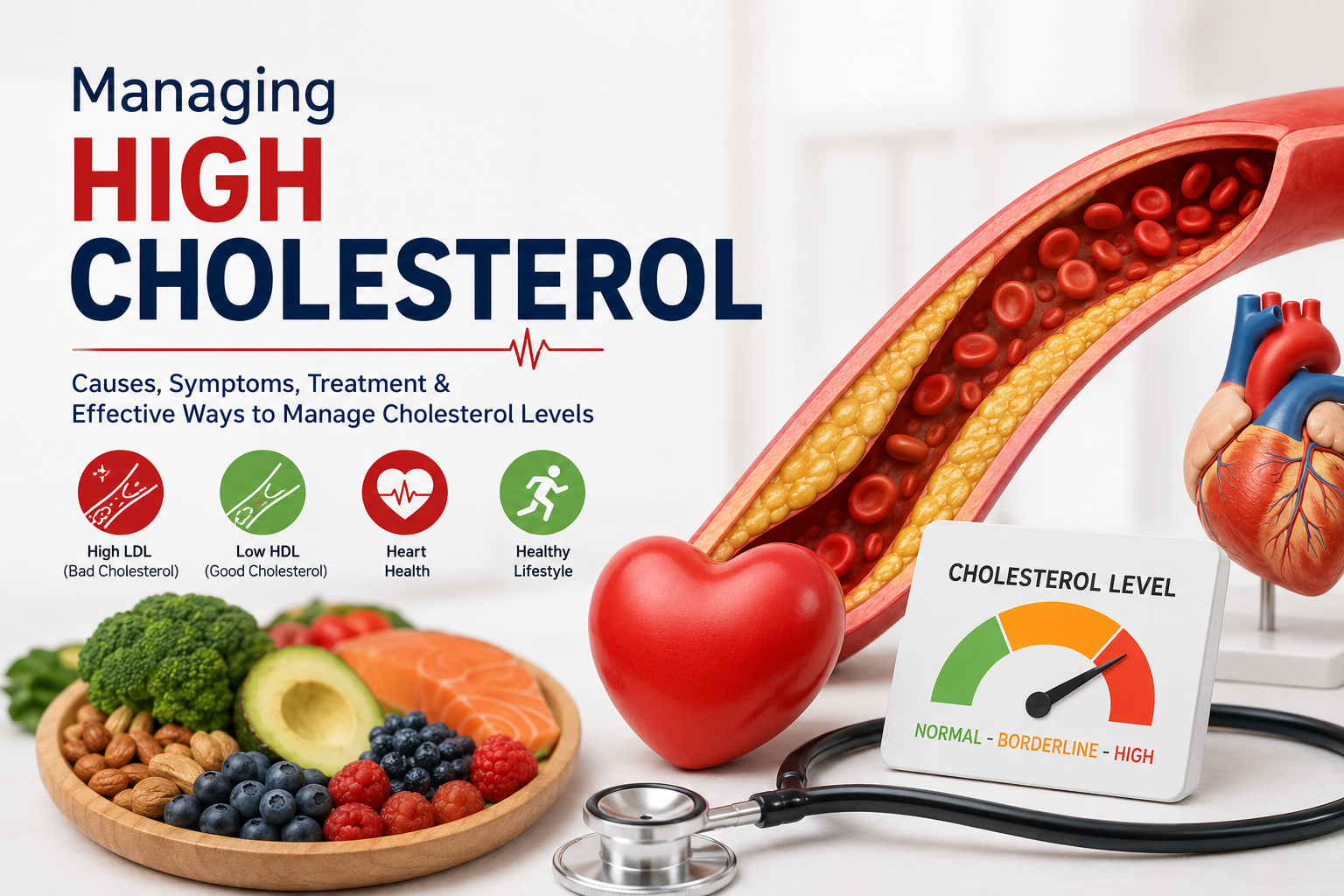 High cholesterol management infographic showing cholesterol causes, symptoms, treatment options, healthy lifestyle tips, artery blockage, heart health, and cholesterol level monitoring.