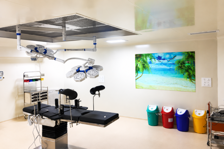 Modern surgical room with tropical mural