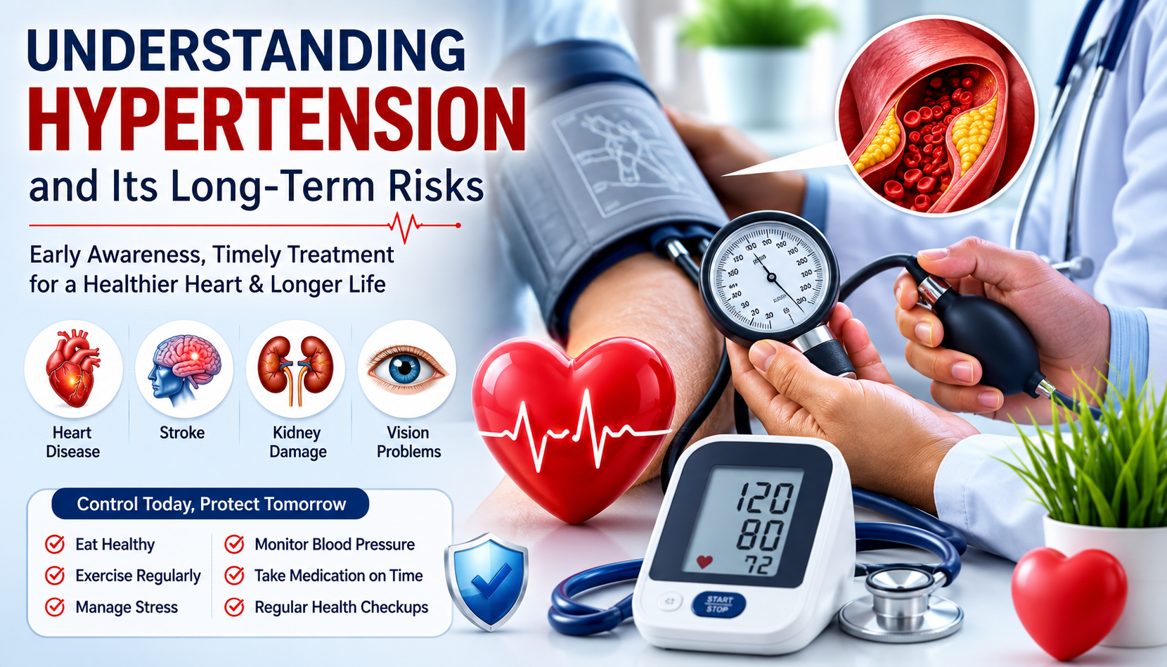 Understanding Hypertension and Its Long-Term Risks infographic showing blood pressure monitoring, heart health awareness, hypertension complications including heart disease, stroke, kidney damage, and vision problems, along with healthy lifestyle tips for blood pressure control and preventive healthcare.