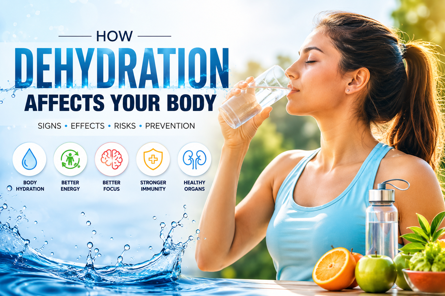 Woman drinking water with infographic explaining how dehydration affects the body, including risks, symptoms, and prevention tips.