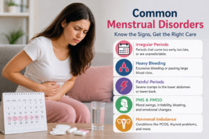 Woman experiencing menstrual pain with common menstrual disorder symptoms
