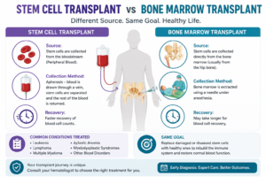 Medical infographic comparing stem cell transplant and bone marrow transplant, showing stem cell sources, collection methods, recovery, and common conditions treated.