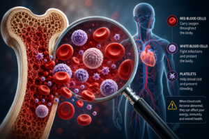 Medical illustration showing bone marrow and different blood cells, including red blood cells, white blood cells, and platelets, with a magnified view explaining how abnormal blood cells can affect energy, immunity, and overall health.