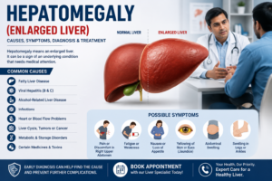 Hepatomegaly enlarged liver causes, symptoms, diagnosis and treatment infographic.