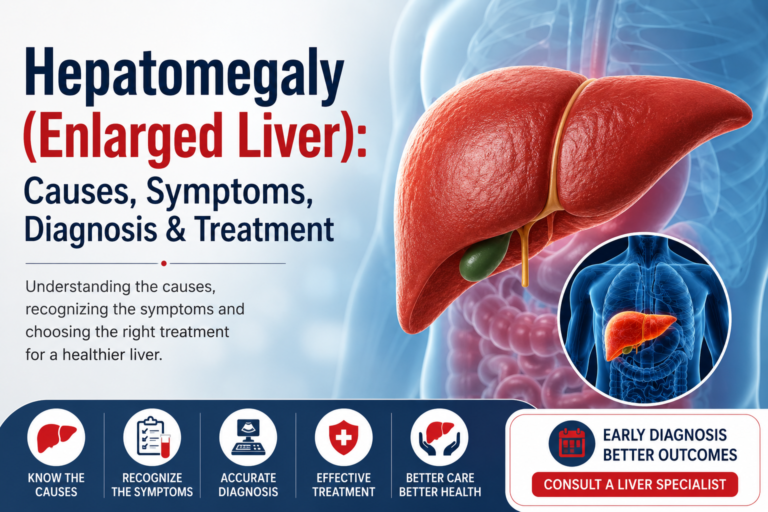 Hepatomegaly (Enlarged Liver) causes, symptoms, diagnosis and treatment.