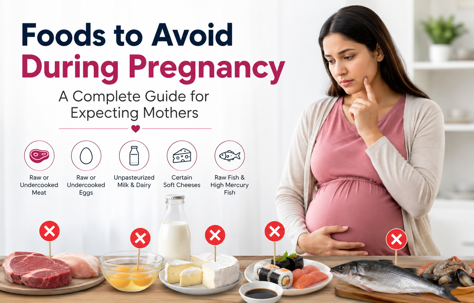 Foods to avoid during pregnancy, including raw meat, undercooked eggs, unpasteurized dairy, soft cheeses, raw fish, and high-mercury fish.