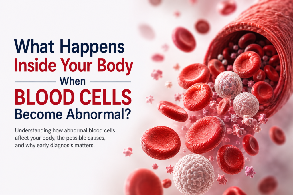 Medical illustration showing red and white blood cells and platelets flowing through a blood vessel, representing what happens inside the body when blood cells become abnormal.