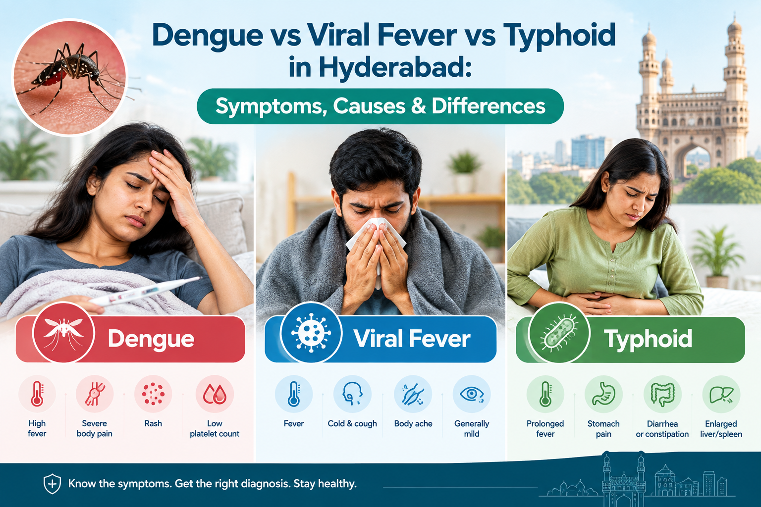Dengue vs Viral Fever vs Typhoid in Hyderabad – symptoms, causes and key differences infographic