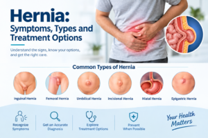 Hernia symptoms, types, and treatment options medical illustration showing common hernia types and abdominal pain.
