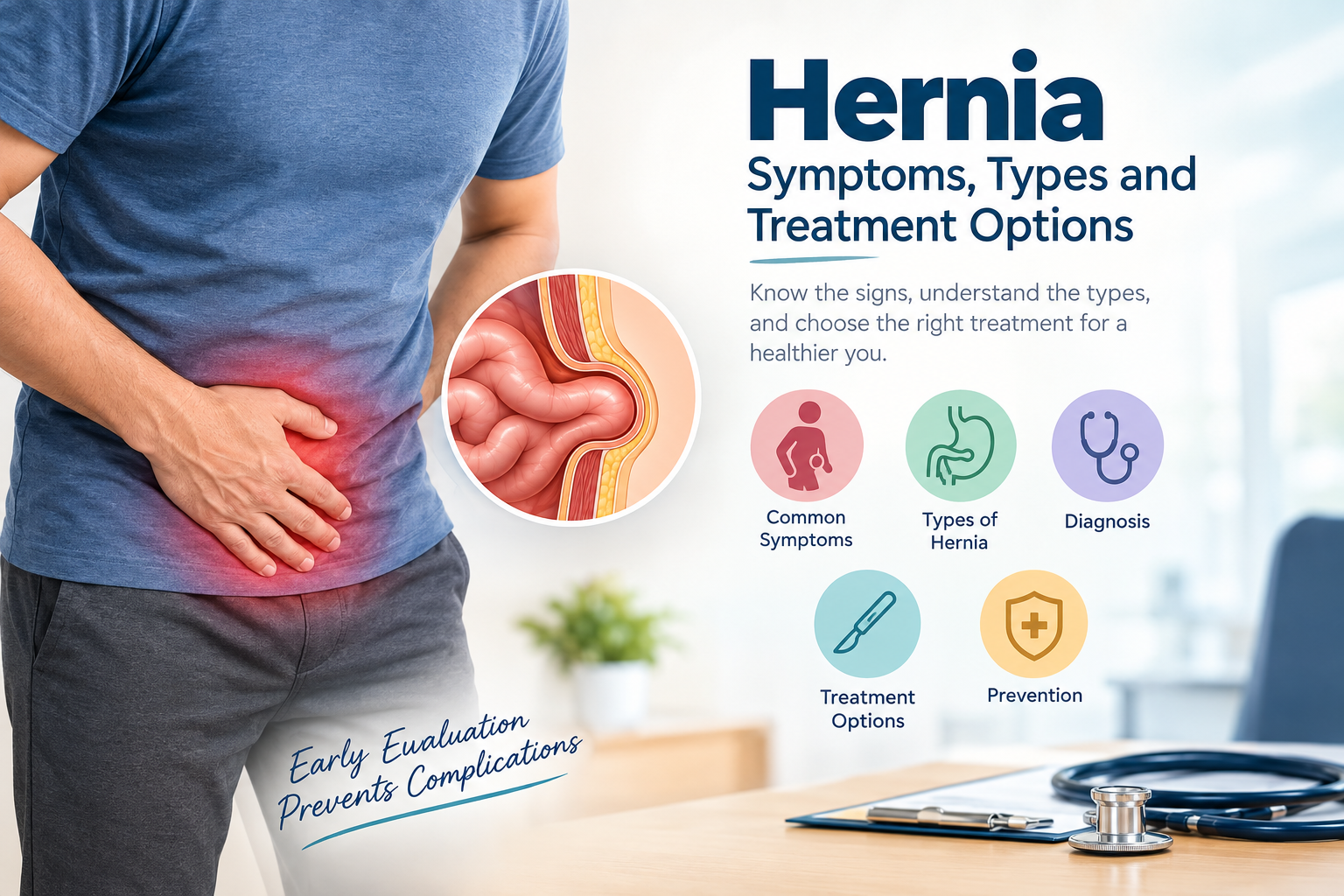Hernia symptoms, types, diagnosis, and treatment options illustrated with abdominal pain and hernia anatomy.