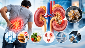 Kidney stone infographic showing lower back pain, kidney stones inside the urinary system, hydration, healthy diet, diagnostic imaging, and treatment options.