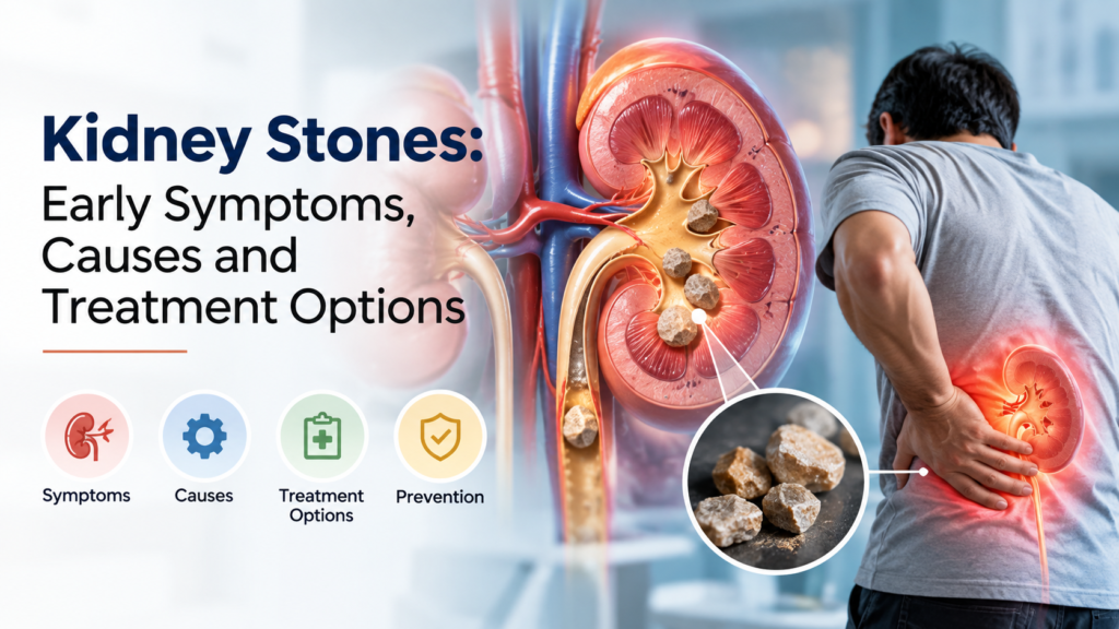 Kidney stones illustration showing stones inside the kidney and a patient experiencing lower back pain, highlighting symptoms, causes, treatment options, and prevention.