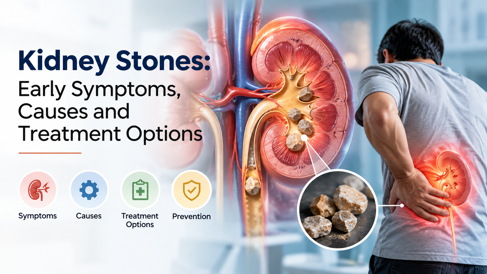 Kidney stones illustration showing stones inside the kidney and a patient experiencing lower back pain, highlighting symptoms, causes, treatment options, and prevention.