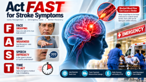 FAST stroke warning signs infographic showing face drooping, arm weakness, speech difficulty, time to act, blocked brain blood flow, and emergency care.