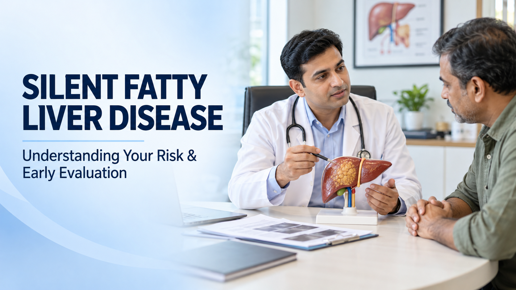 Doctor explaining fatty liver disease and early evaluation to a patient using an anatomical liver model.