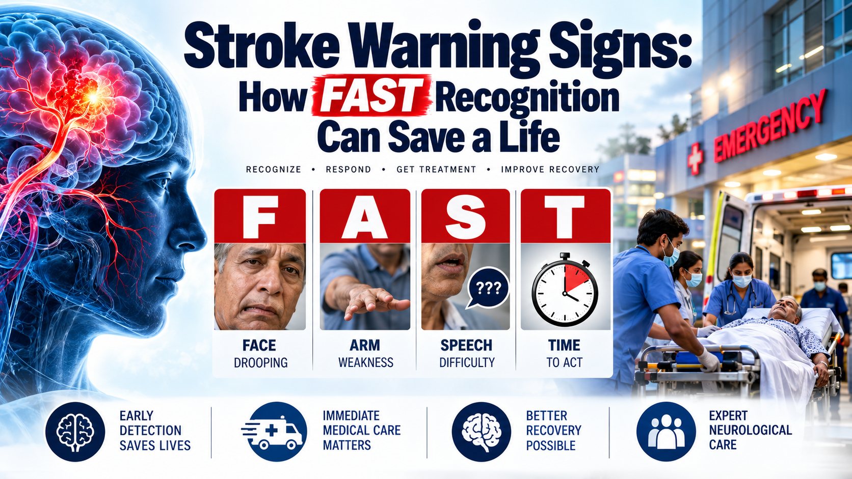 Stroke warning signs FAST infographic showing face drooping, arm weakness, speech difficulty, time to act, and emergency neurological care.